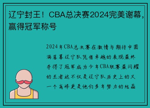 辽宁封王！CBA总决赛2024完美谢幕，赢得冠军称号