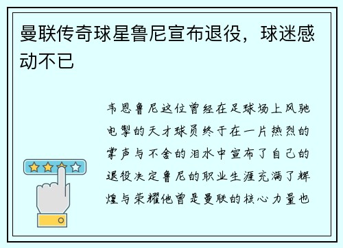 曼联传奇球星鲁尼宣布退役，球迷感动不已