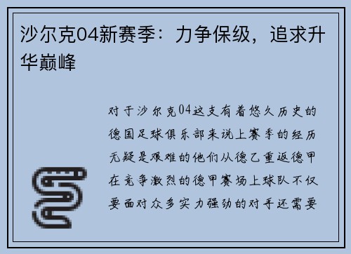 沙尔克04新赛季：力争保级，追求升华巅峰