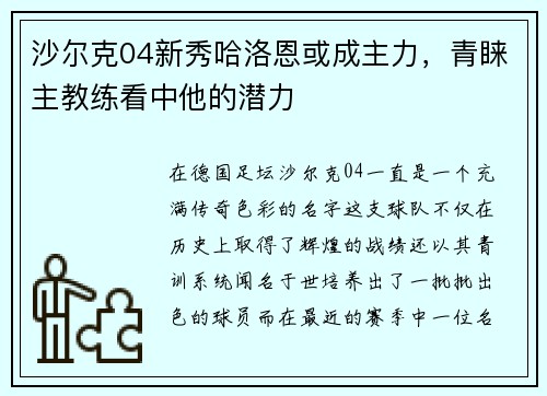 沙尔克04新秀哈洛恩或成主力，青睐主教练看中他的潜力