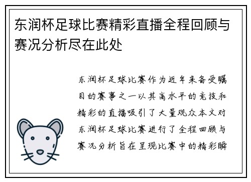 东润杯足球比赛精彩直播全程回顾与赛况分析尽在此处